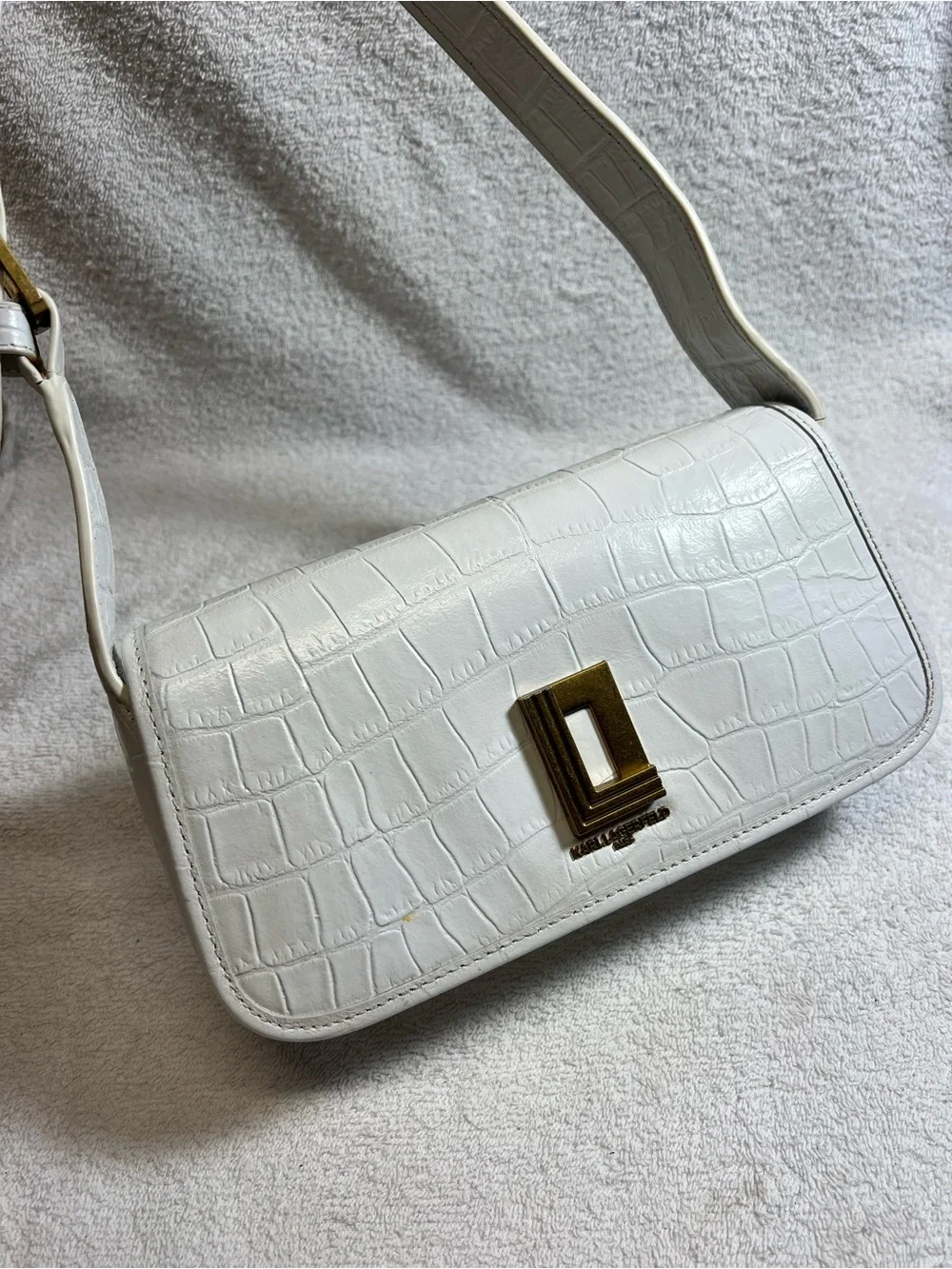 Karl Lagerfeld White Leather Croc-Embossed Shoulder Bag Purse